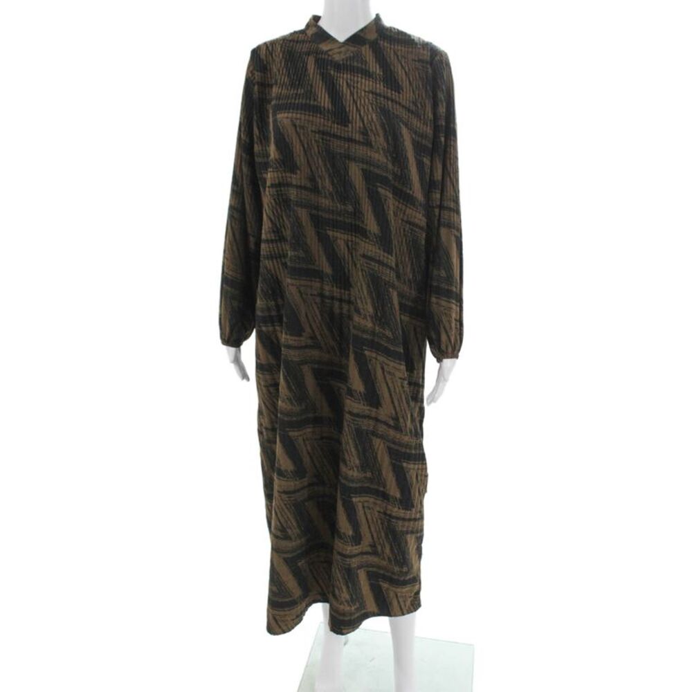 Harper Women Brown Geometric Collared Long Sleeve Maxi Dress Size S